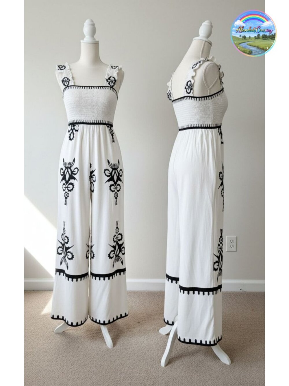 PRETTYGARDEN Women's Smocked Wide Leg Jumpsuit Sleeveless Boho Romper Floral